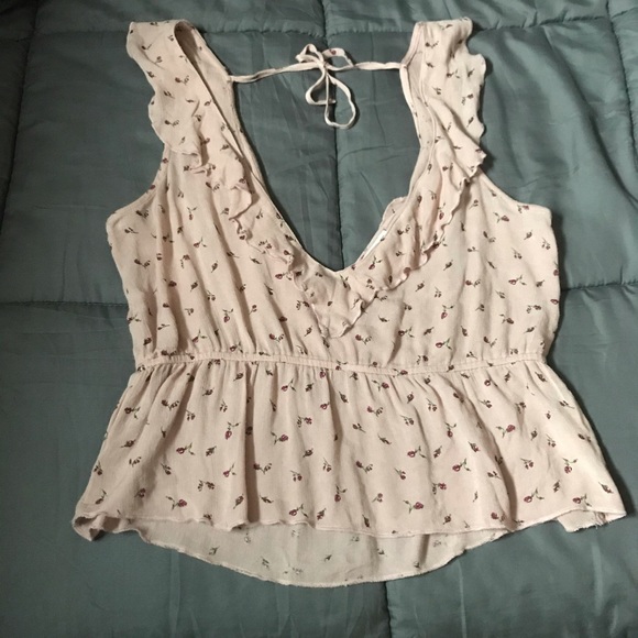 American Eagle Rose Ruffle V-Neck Top - Picture 2 of 5